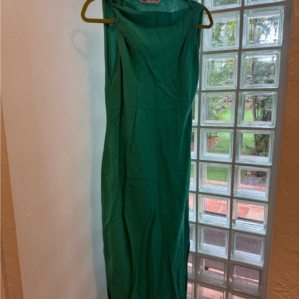 Zara Green Linen Blend Sleeveless Dress